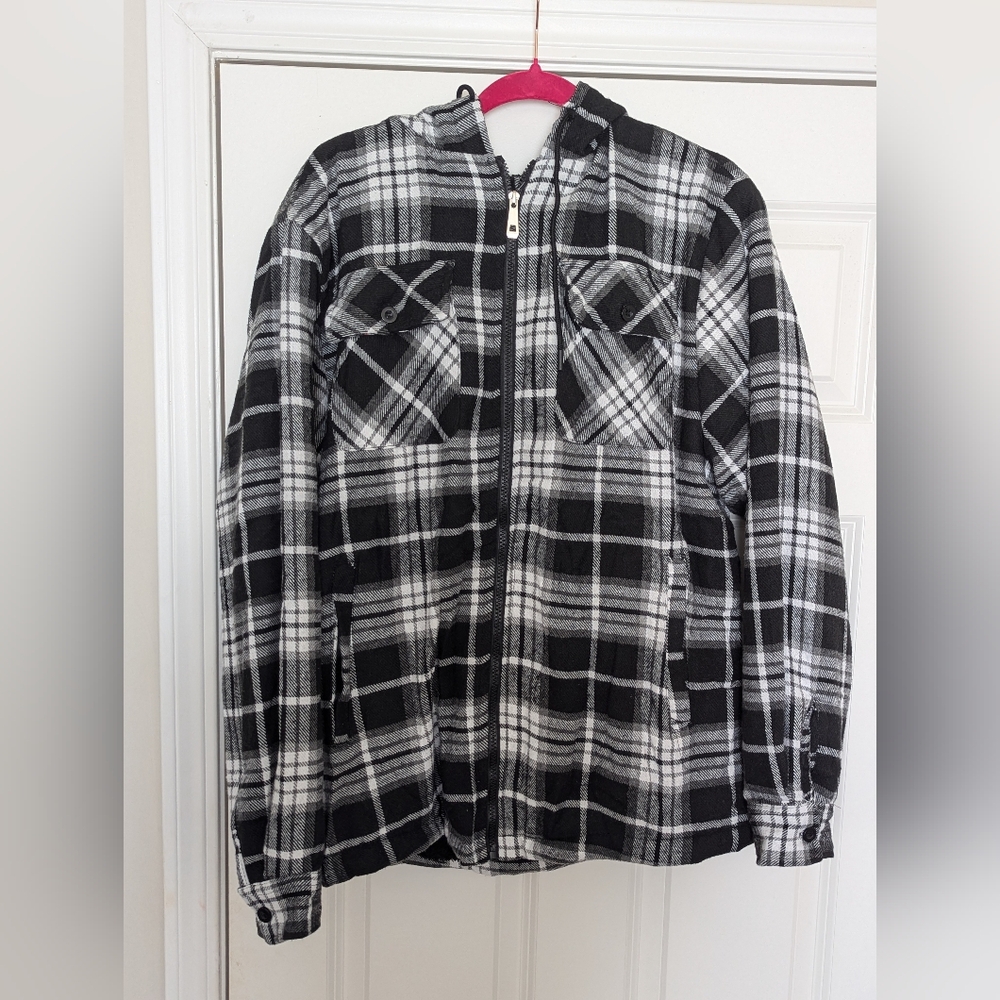 Plaid Hooded Jacket - Black and White/ Size Large/ Nwt - Picture 5 of 8